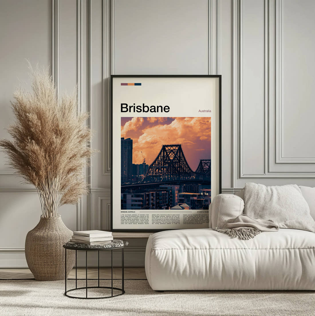 Brisbane Story Bridge Travel Print framed on the wall of a calm, neutral bedroom