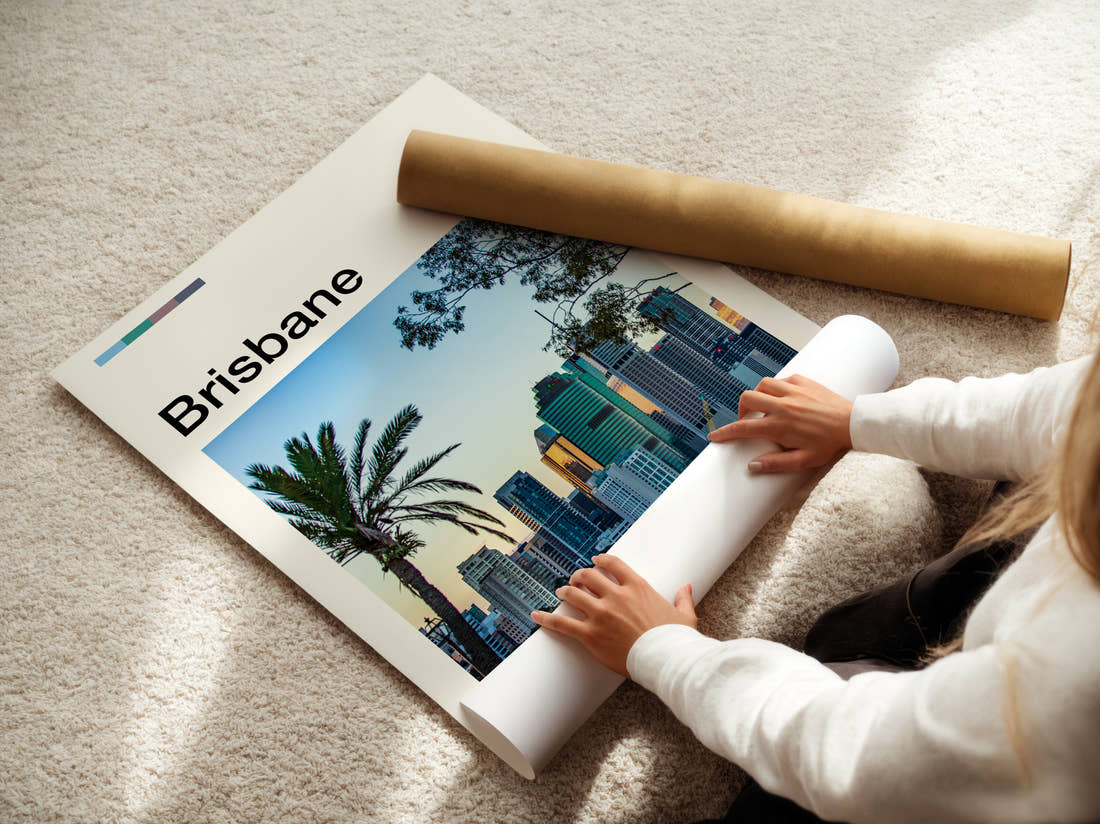 Brisbane Skyline Behind Palm Trees Travel Print being unrolled from its postal tube