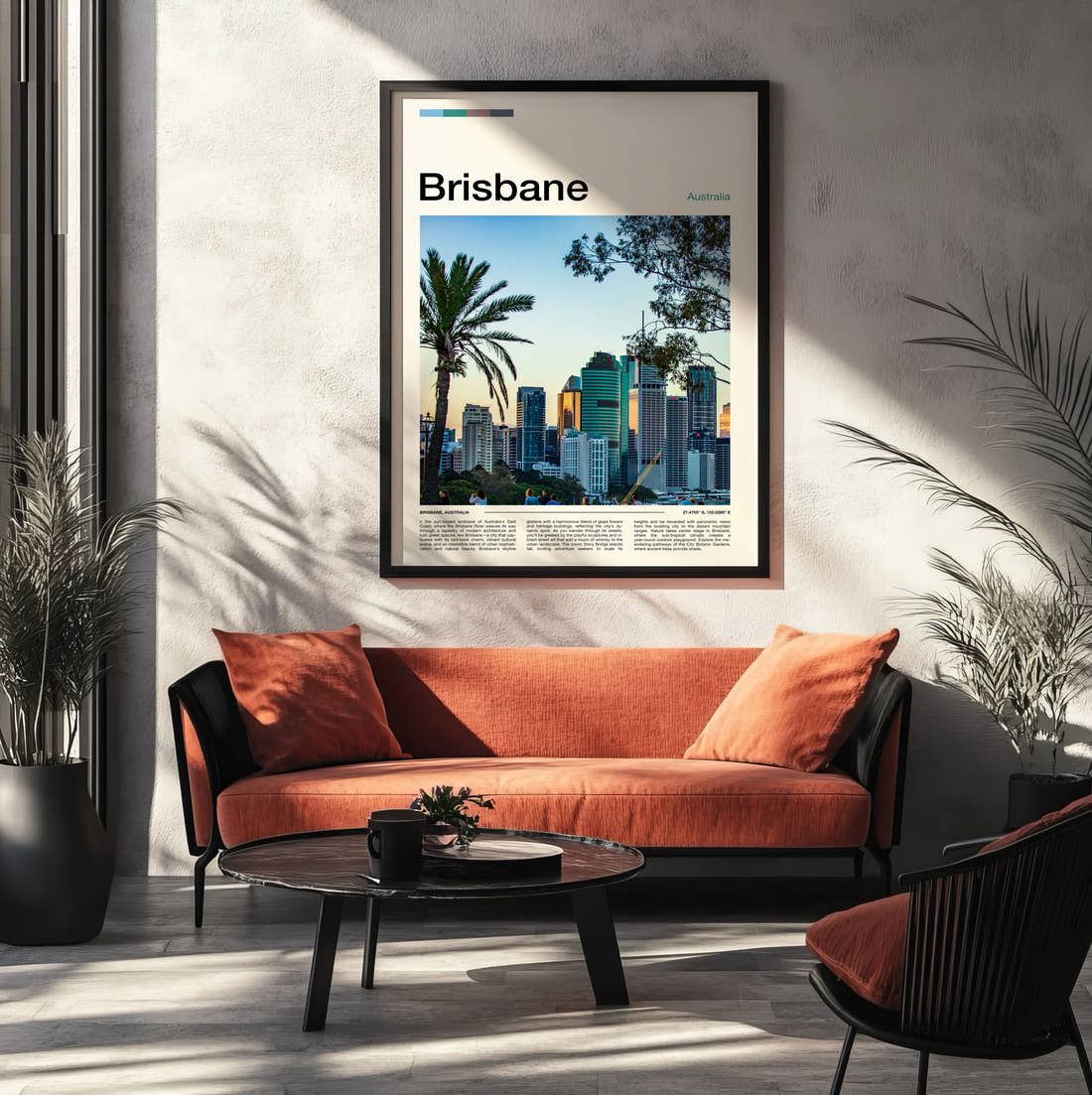 Brisbane Skyline Behind Palm Trees Travel Print framed on the wall of a modern living room