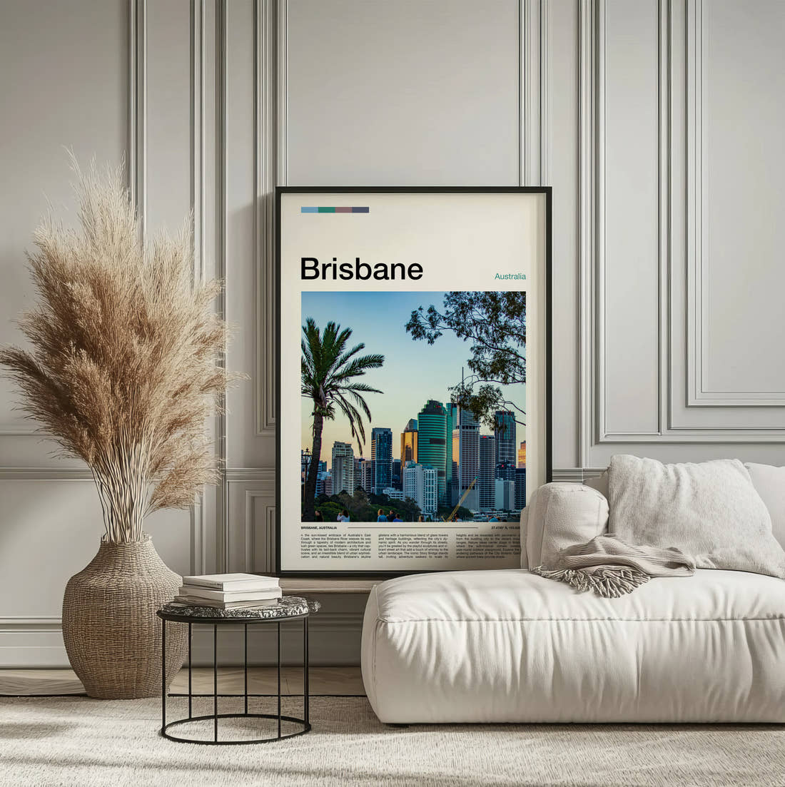 Brisbane Skyline Behind Palm Trees Travel Print framed on the wall of a calm, neutral bedroom