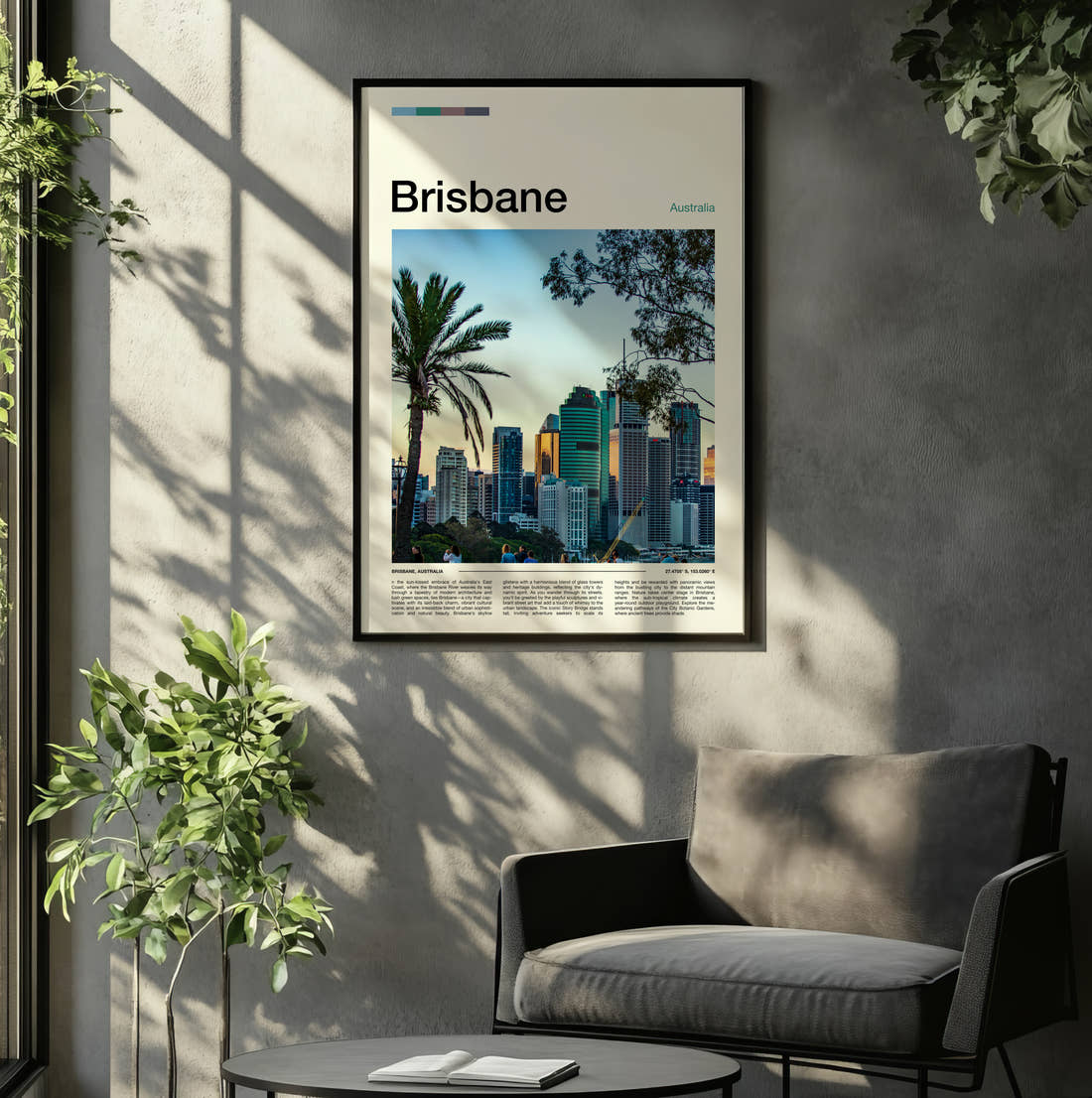 Brisbane Skyline Behind Palm Trees Travel Print framed on the wall of a relaxed living room