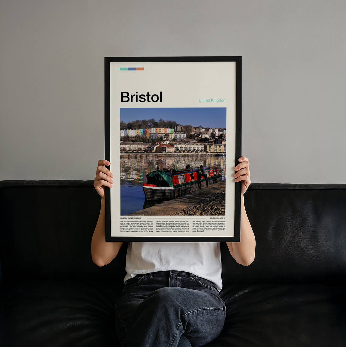 Bristol Boat In The Harbour Travel Print held up by hand to show the size of the print