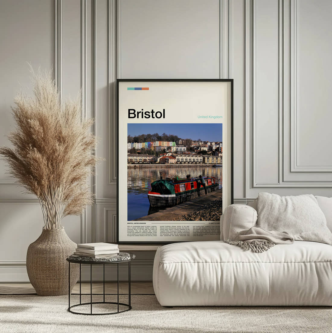 Bristol Boat In The Harbour Travel Print framed on the wall of a calm, neutral bedroom