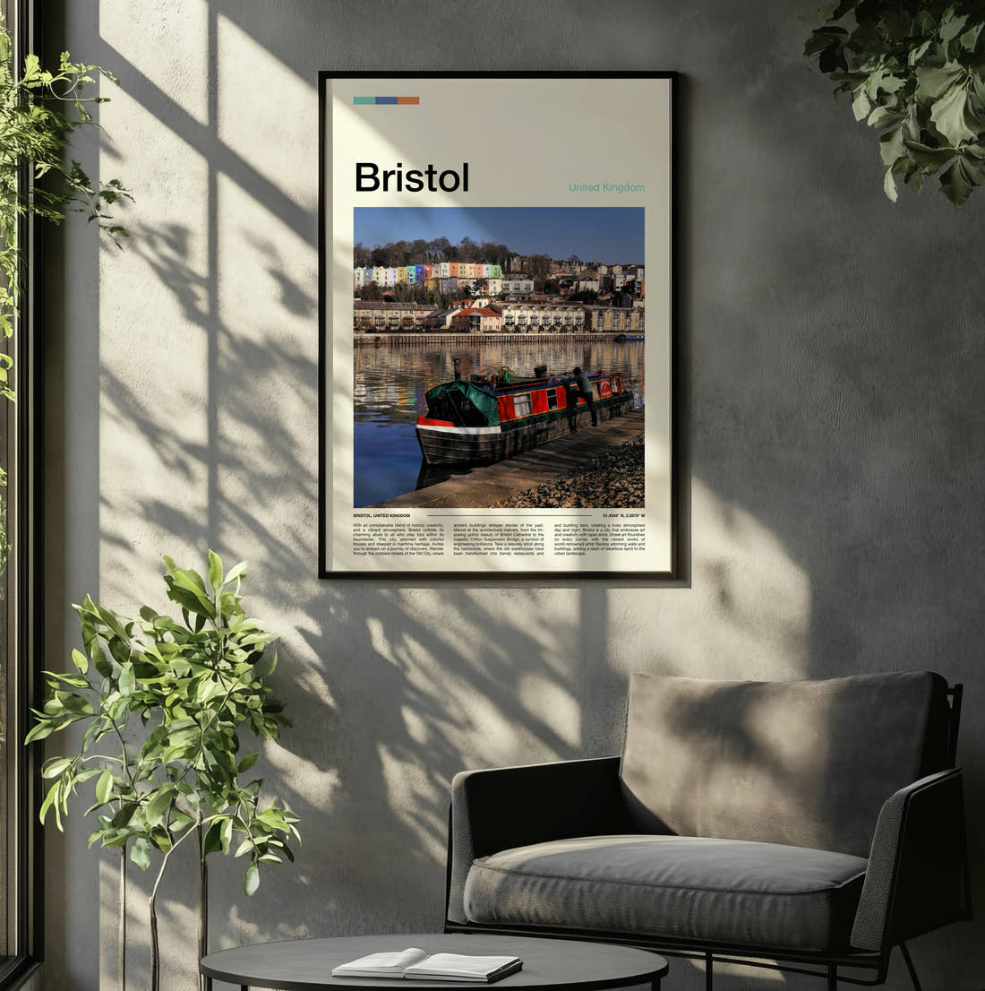 Bristol Boat In The Harbour Travel Print framed on the wall of a relaxed living room