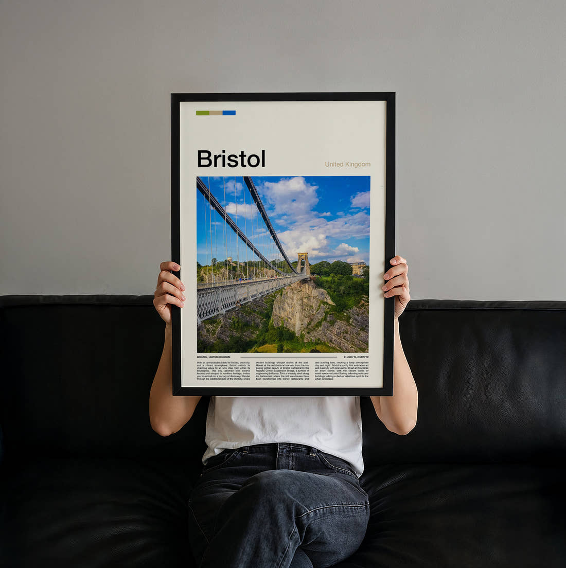 Bristol Clifton Suspension Bridge Travel Print held up by hand to show the size of the print