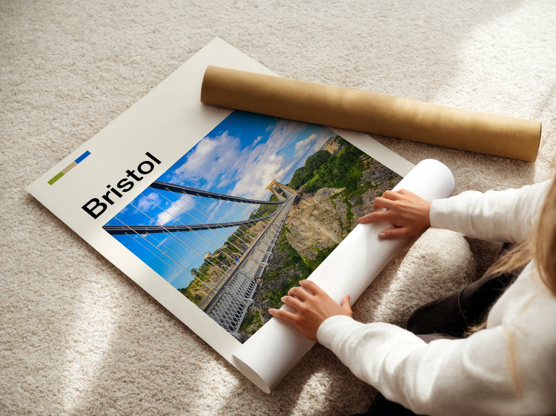 Bristol Clifton Suspension Bridge Travel Print being unrolled from its postal tube