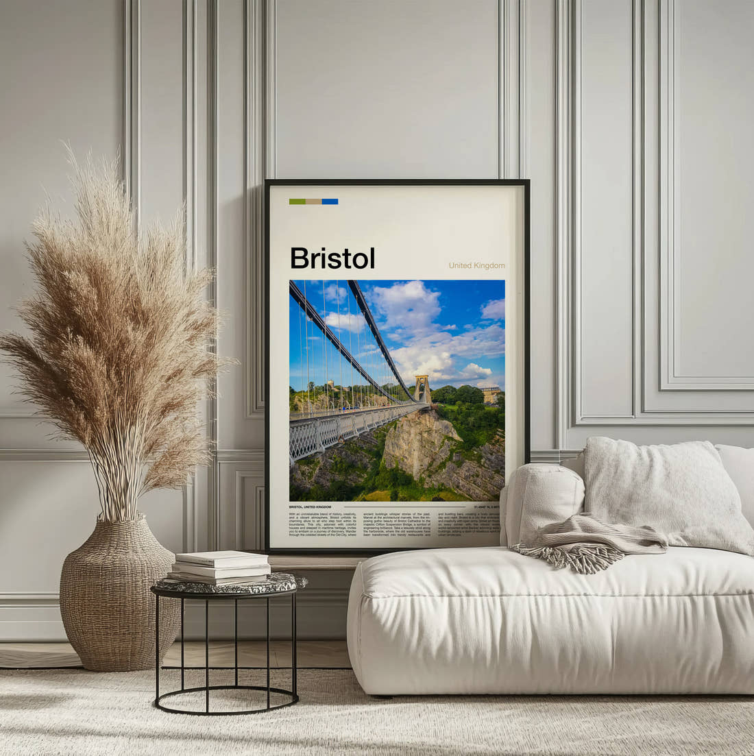Bristol Clifton Suspension Bridge Travel Print framed on the wall of a calm, neutral bedroom