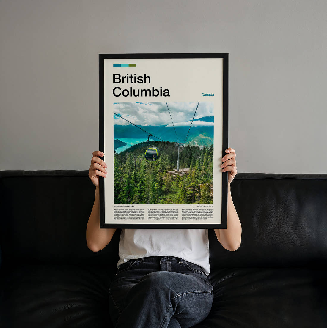 British Columbia Cable Car Over Forest Travel Print held up by hand to show the size of the print