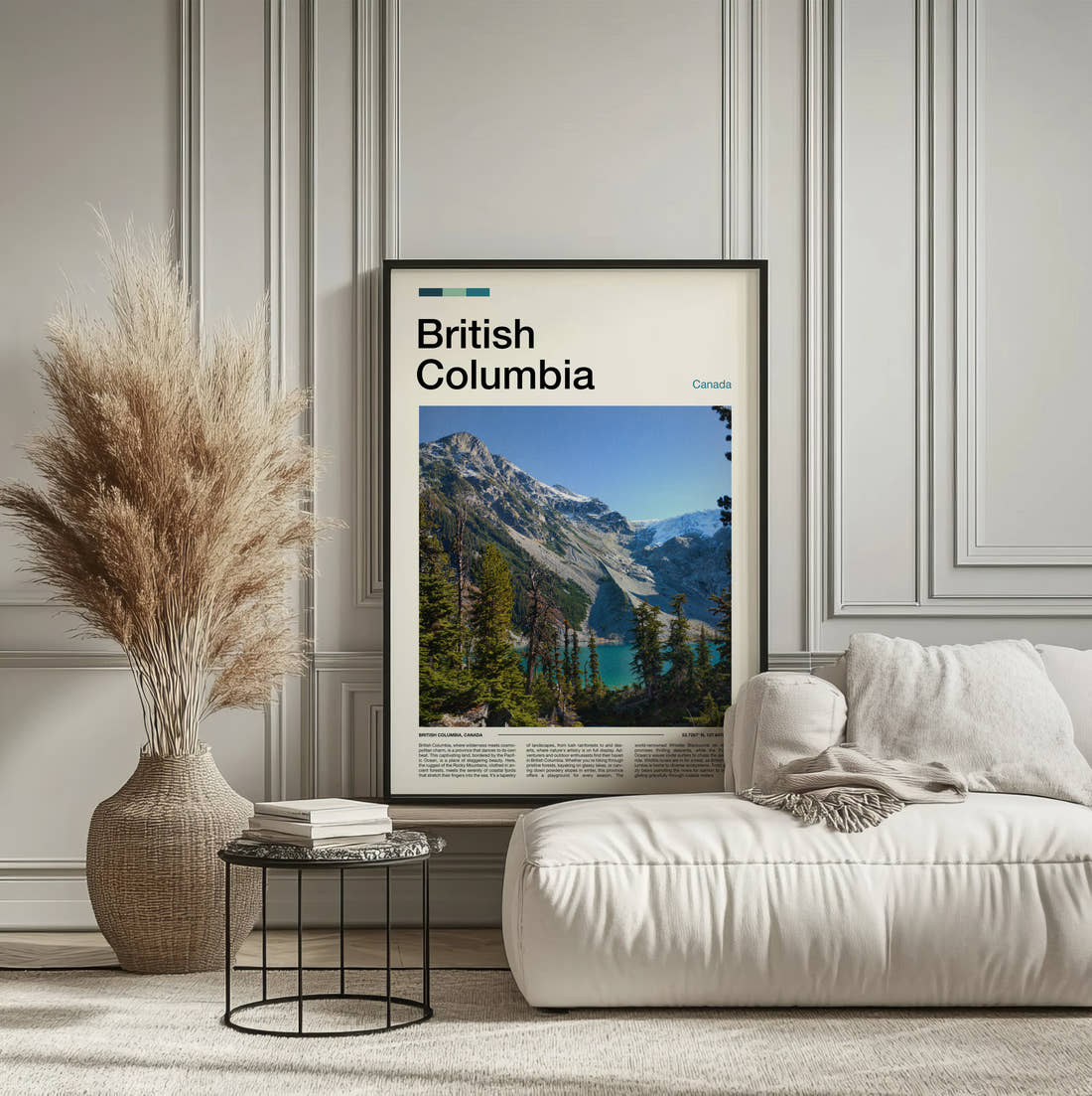 British Columbia Turquoise Lake And Mountains Travel Print framed on the wall of a calm, neutral bedroom