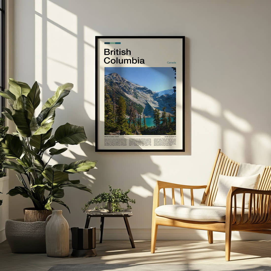 British Columbia Turquoise Lake And Mountains Travel Print framed on a pale wall beside houseplants