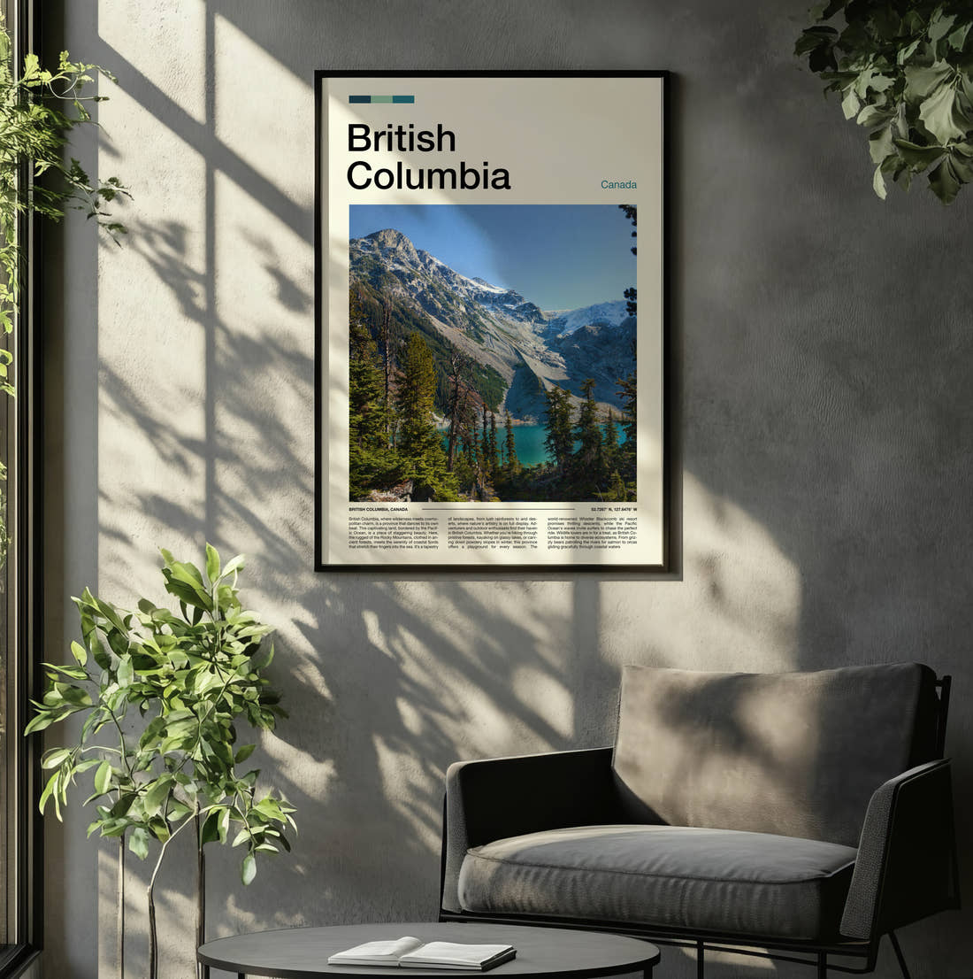 British Columbia Turquoise Lake And Mountains Travel Print framed on the wall of a relaxed living room