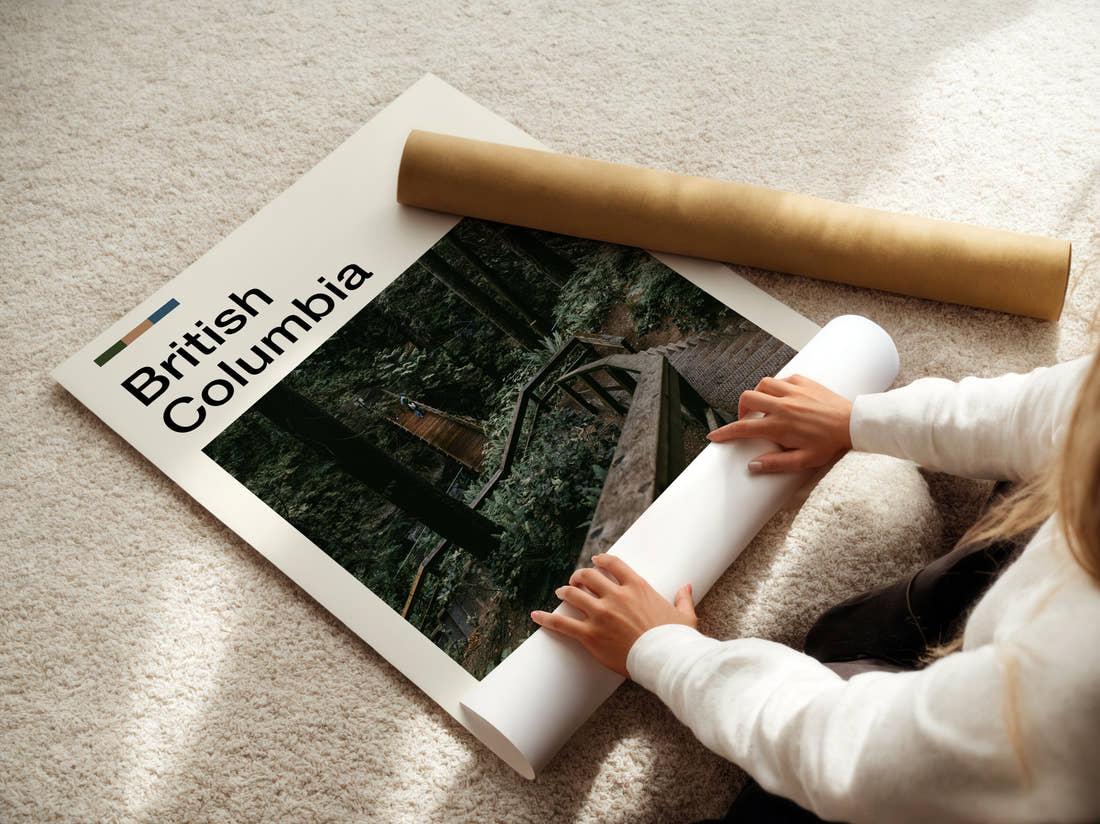 British Columbia Wooden Forest Steps Travel Print being unrolled from its postal tube