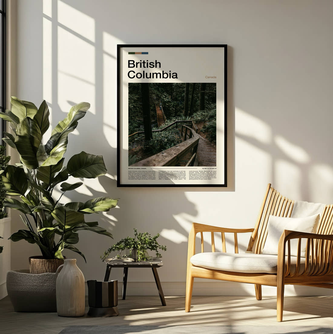 British Columbia Wooden Forest Steps Travel Print framed on a pale wall beside houseplants