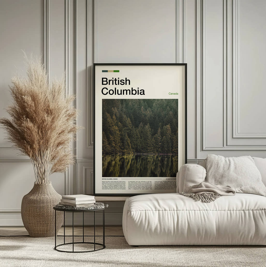 British Columbia Forest Reflected In Lake Travel Print framed on the wall of a calm, neutral bedroom