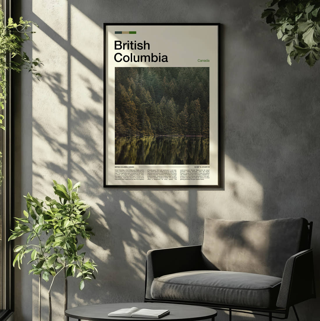 British Columbia Forest Reflected In Lake Travel Print framed on the wall of a relaxed living room