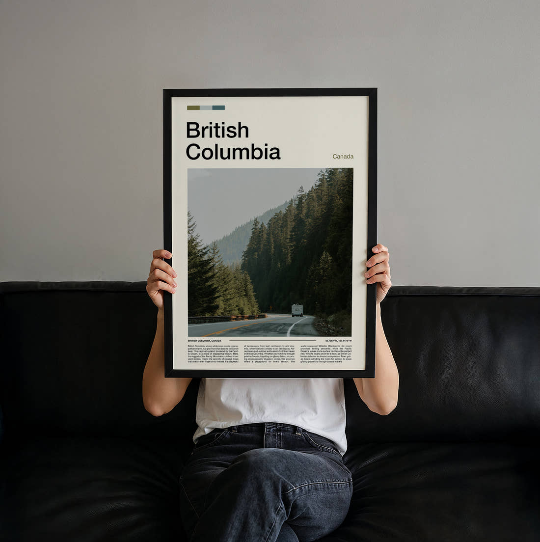 British Columbia Road Through The Forest Travel Print held up by hand to show the size of the print