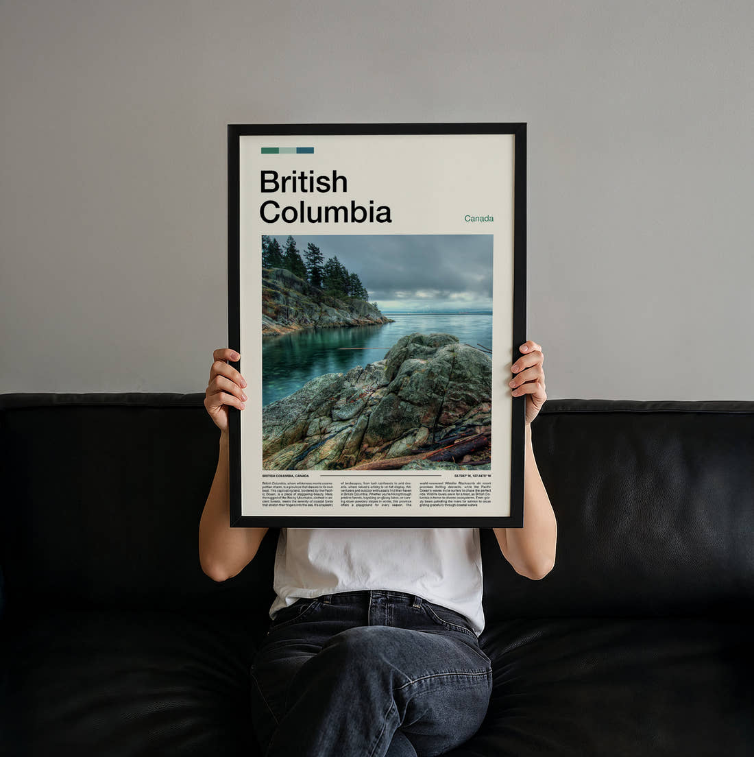 British Columbia Rocks By The Ocean Travel Print held up by hand to show the size of the print