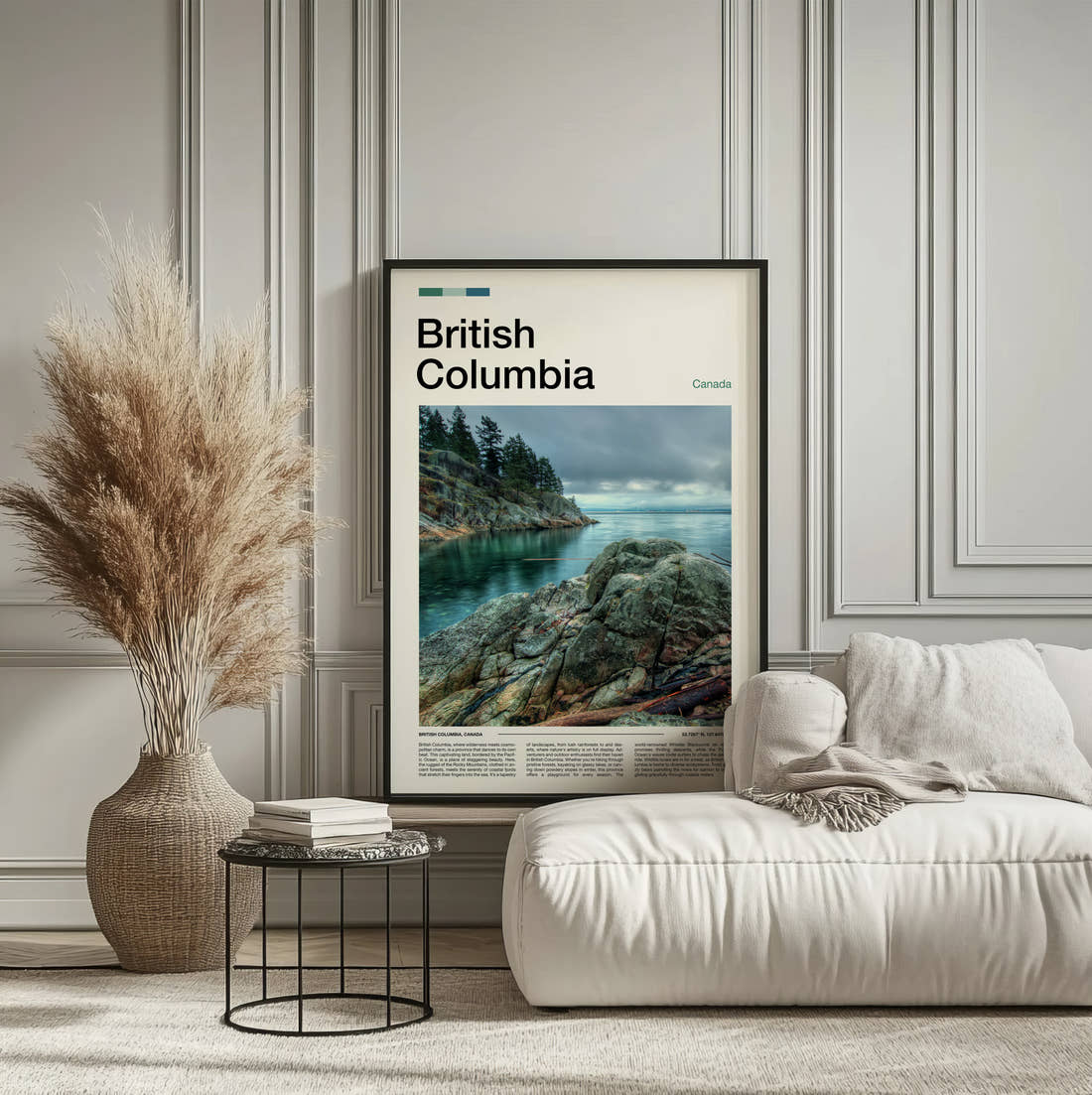 British Columbia Rocks By The Ocean Travel Print framed on the wall of a calm, neutral bedroom