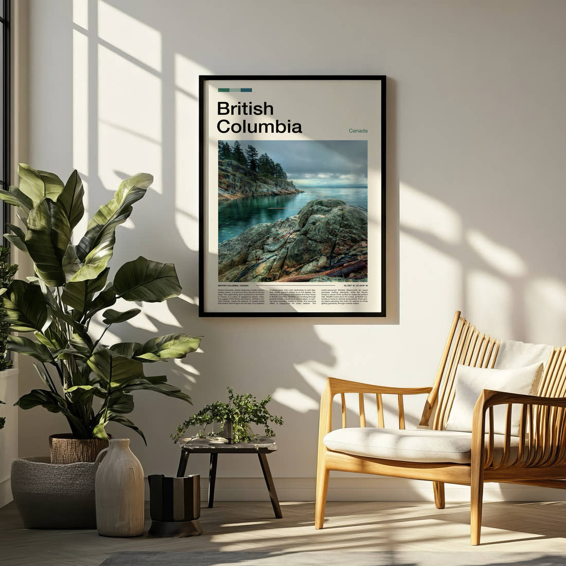 British Columbia Rocks By The Ocean Travel Print framed on a pale wall beside houseplants