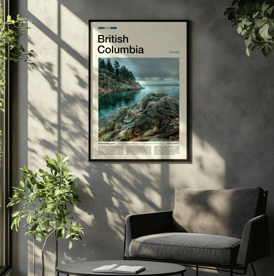 British Columbia Rocks By The Ocean Travel Print framed on the wall of a relaxed living room