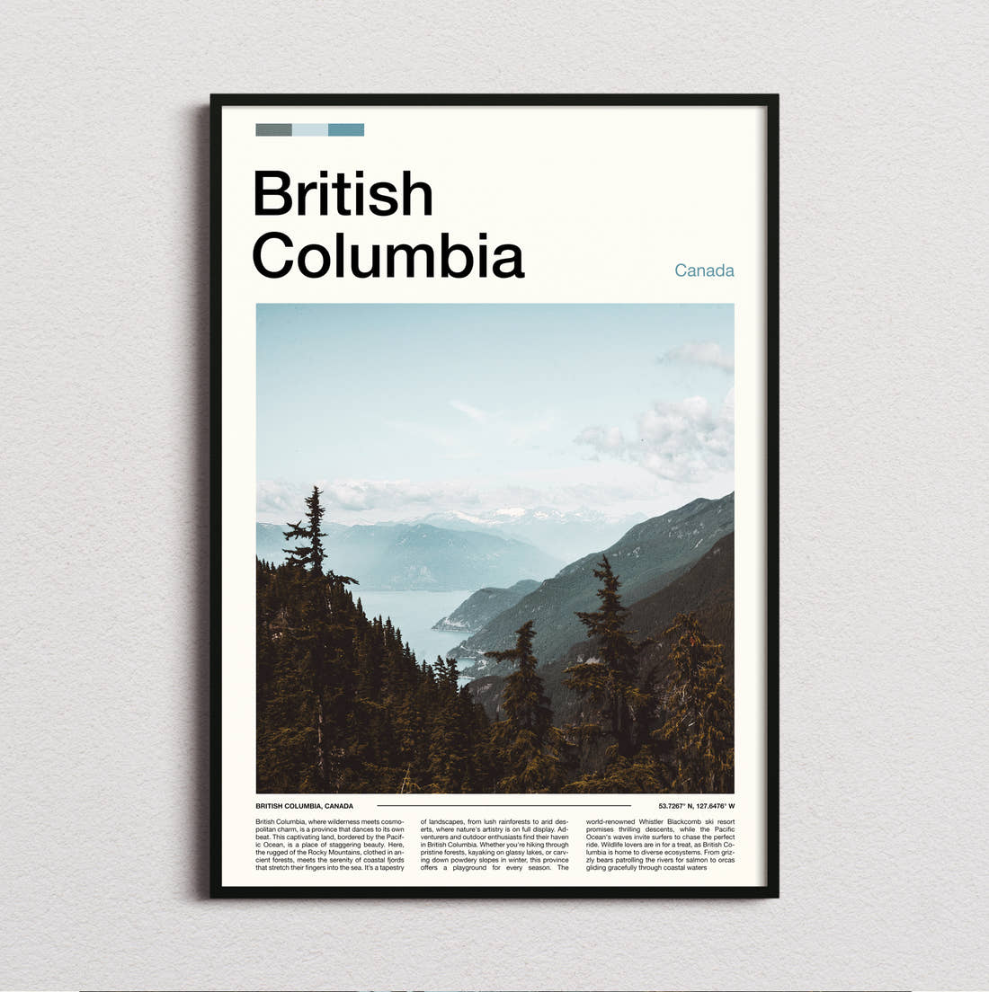 British Columbia Trees Above The Valley Travel Print framed and photographed straight on