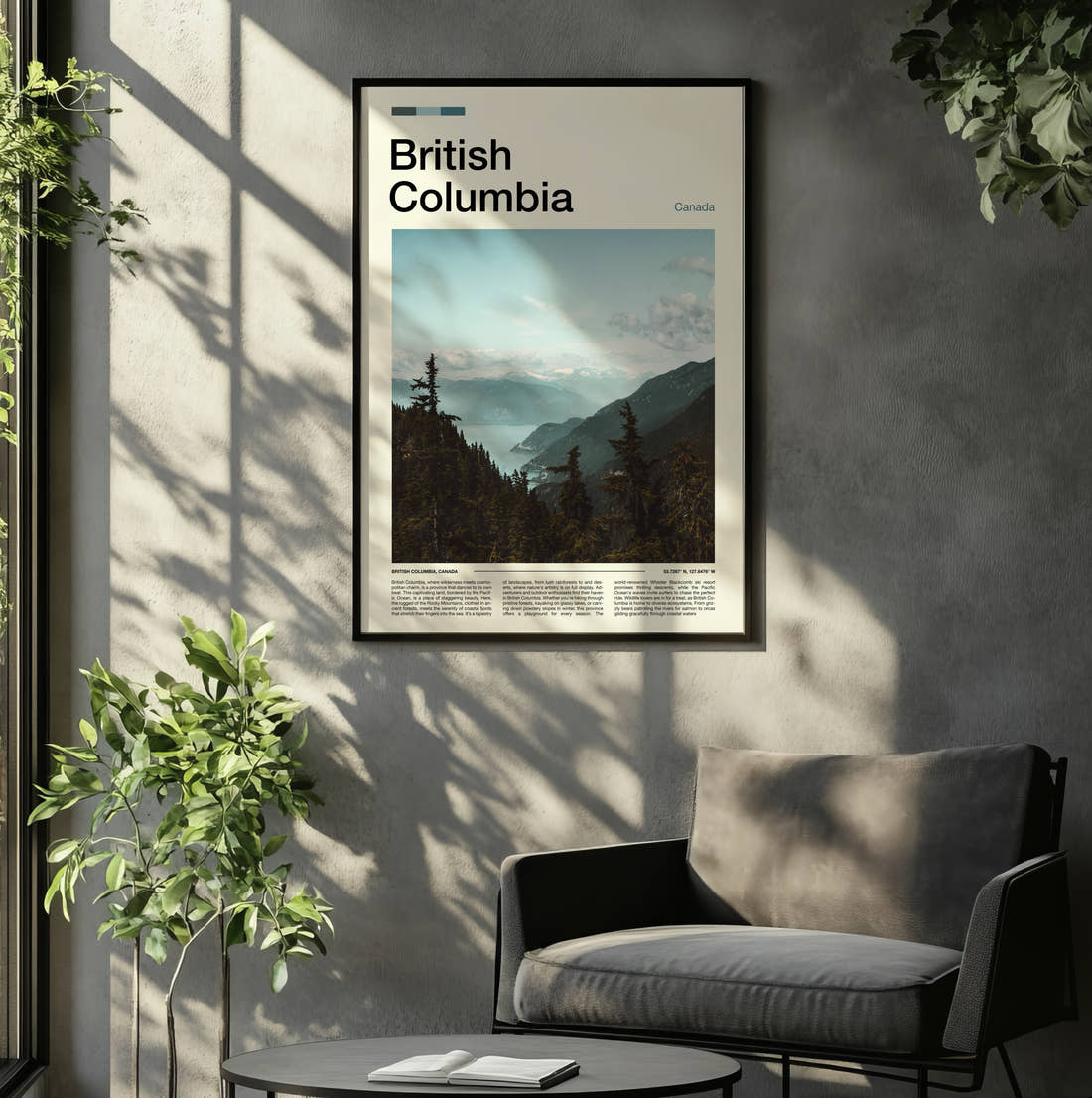 British Columbia Trees Above The Valley Travel Print framed on the wall of a relaxed living room