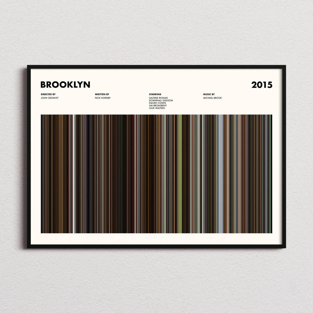 Brooklyn Movie Barcode Poster framed and photographed straight on