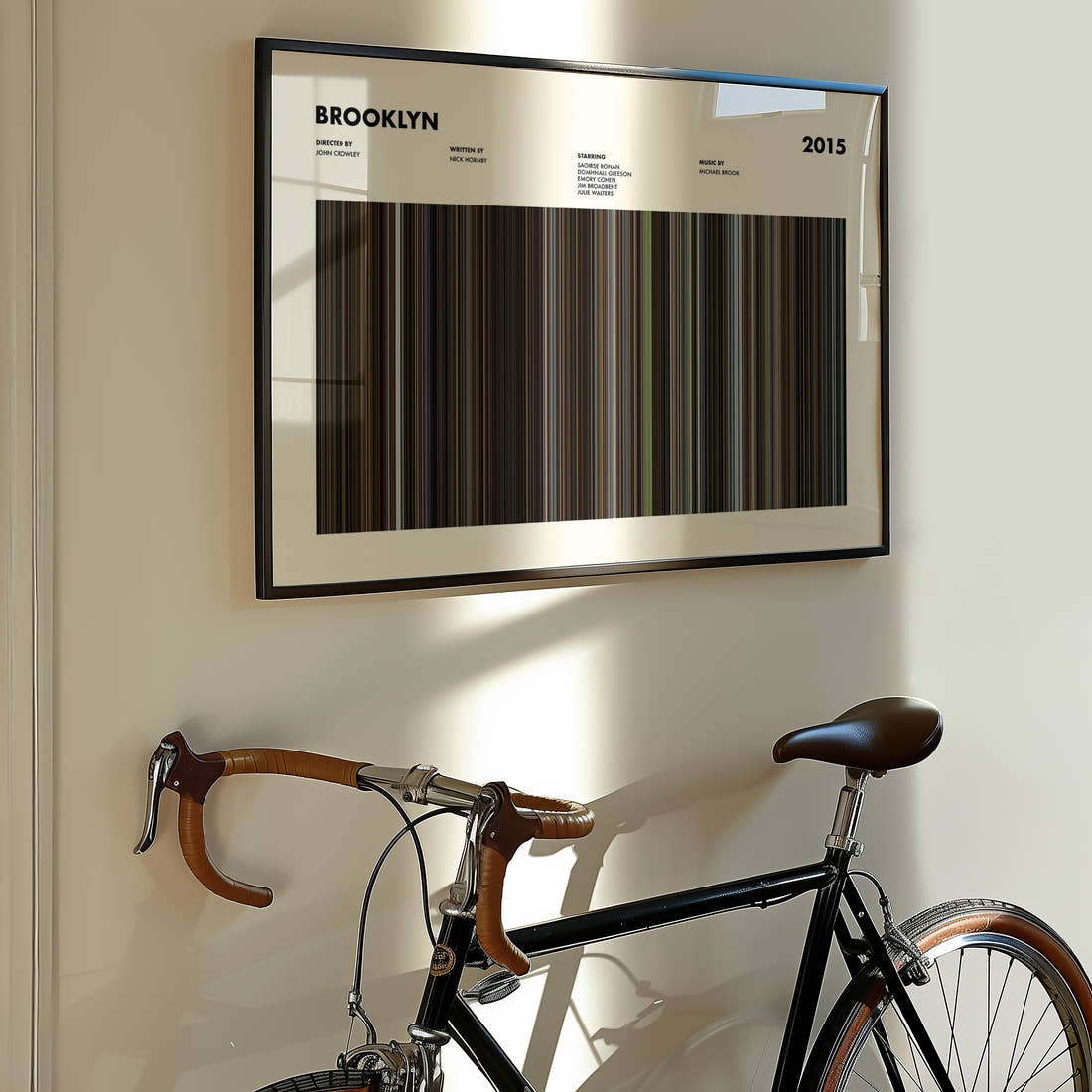 Brooklyn Movie Barcode Poster framed on the wall of a styled room setting