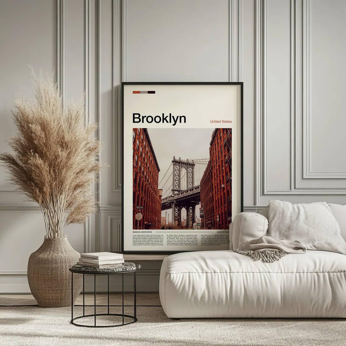 Brooklyn Manhattan Bridge Between Red Brick Walls Travel Print framed on the wall of a calm, neutral bedroom
