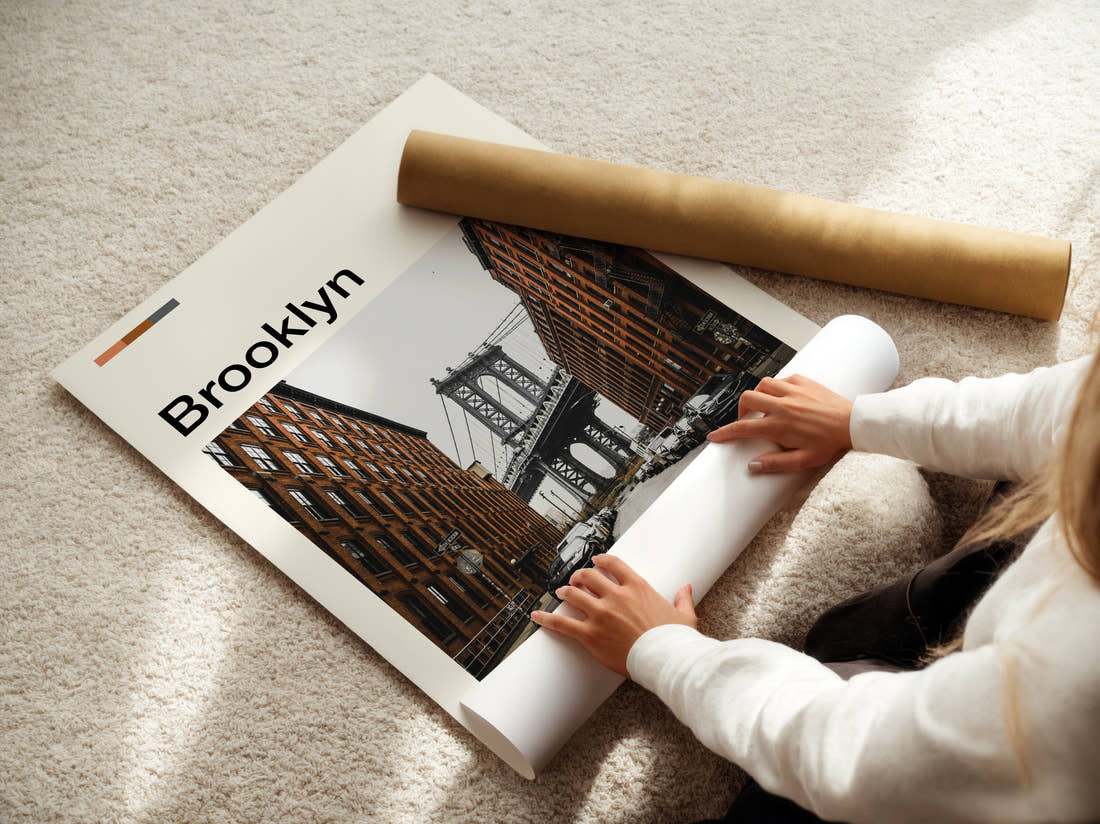 Brooklyn Manhattan Bridge From Dumbo Travel Print being unrolled from its postal tube