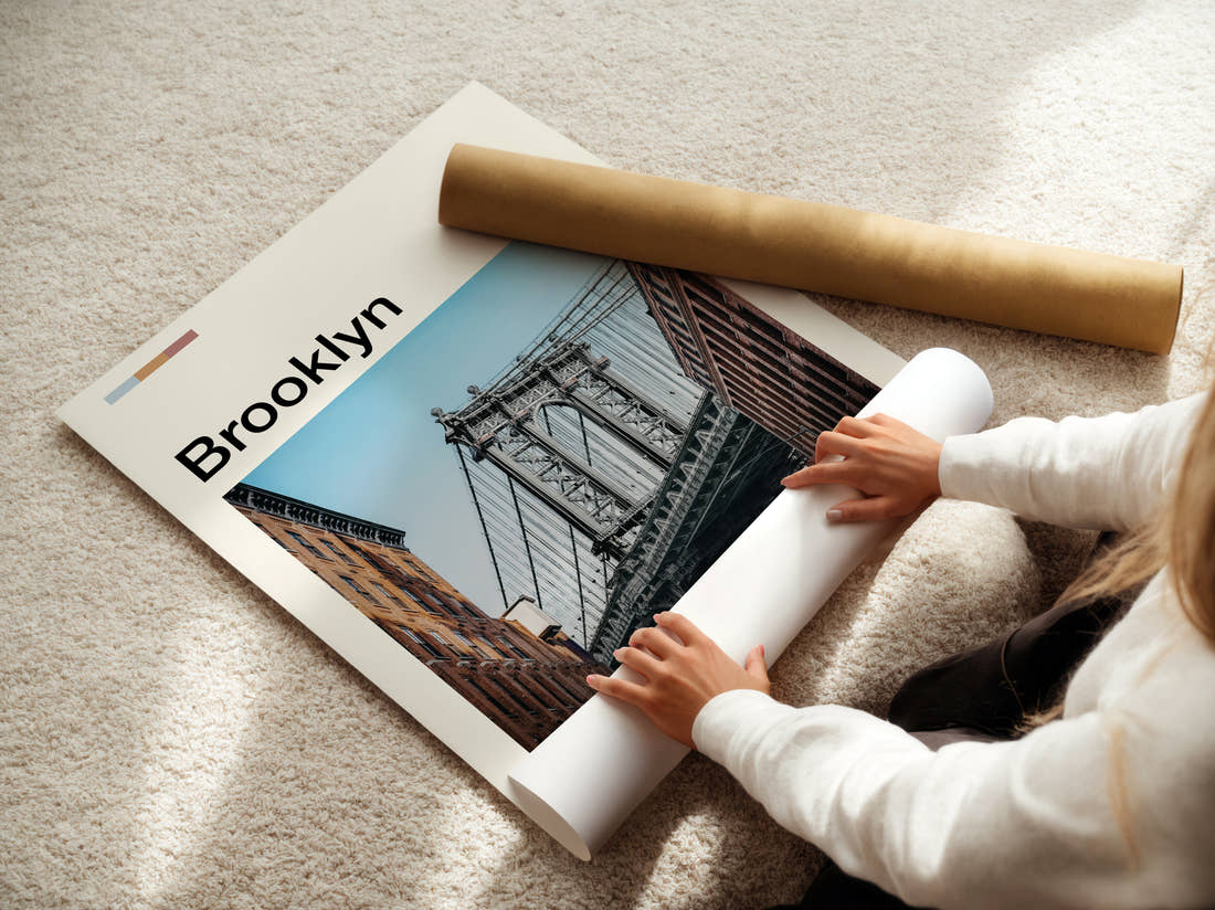 Brooklyn Manhattan Bridge Tower Close Up Travel Print being unrolled from its postal tube
