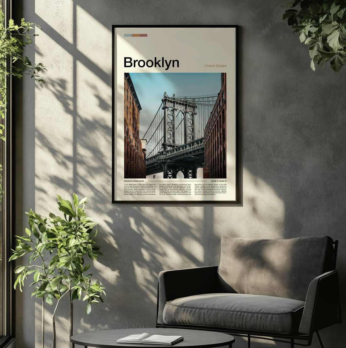 Brooklyn Manhattan Bridge Tower Close Up Travel Print framed on the wall of a relaxed living room