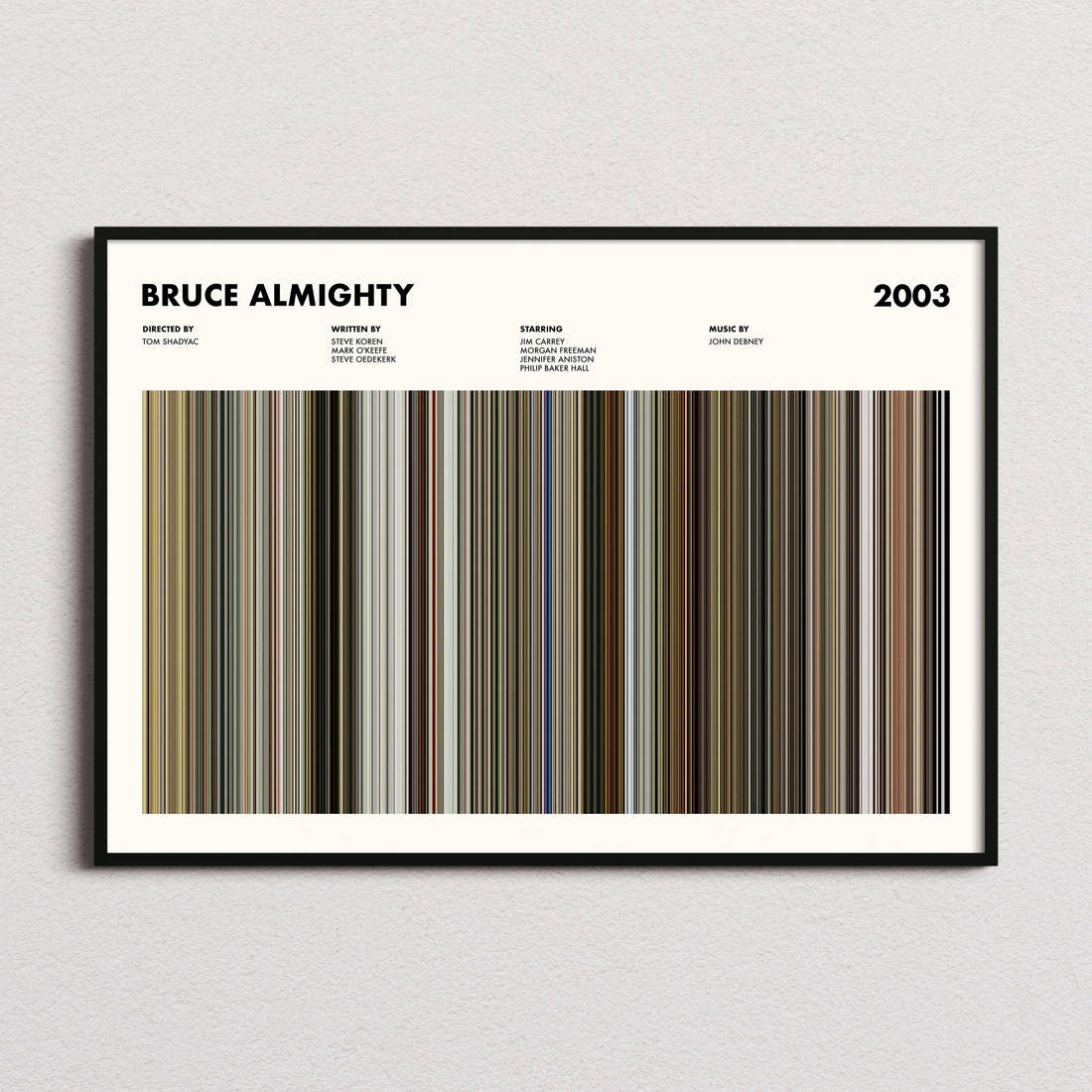 Bruce Almighty Movie Barcode Poster framed and photographed straight on