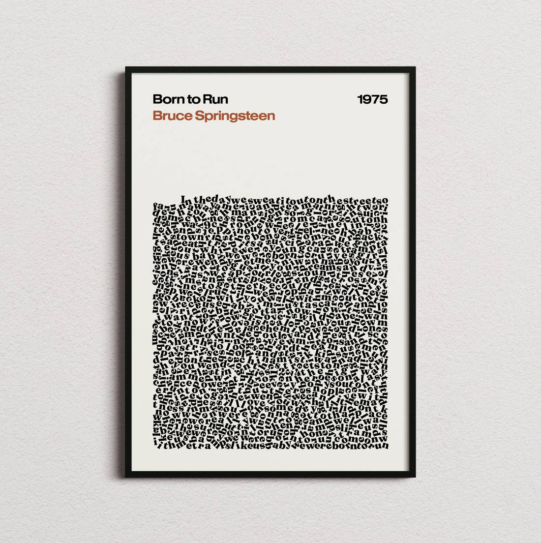 Bruce Springsteen Born to Run Lyric Print in the cream colourway, framed
