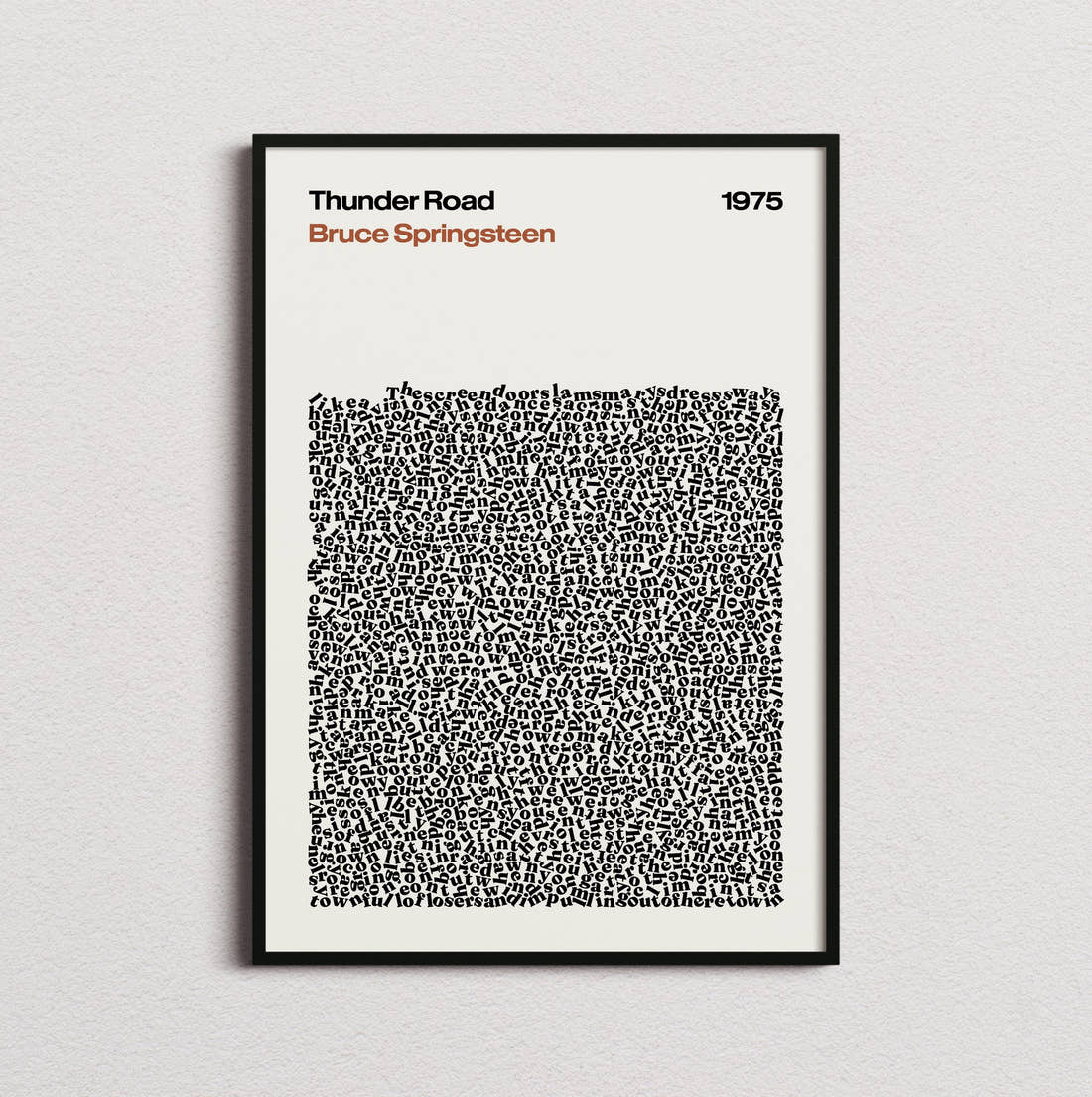 Bruce Springsteen Thunder Road Lyric Print in the cream colourway, framed