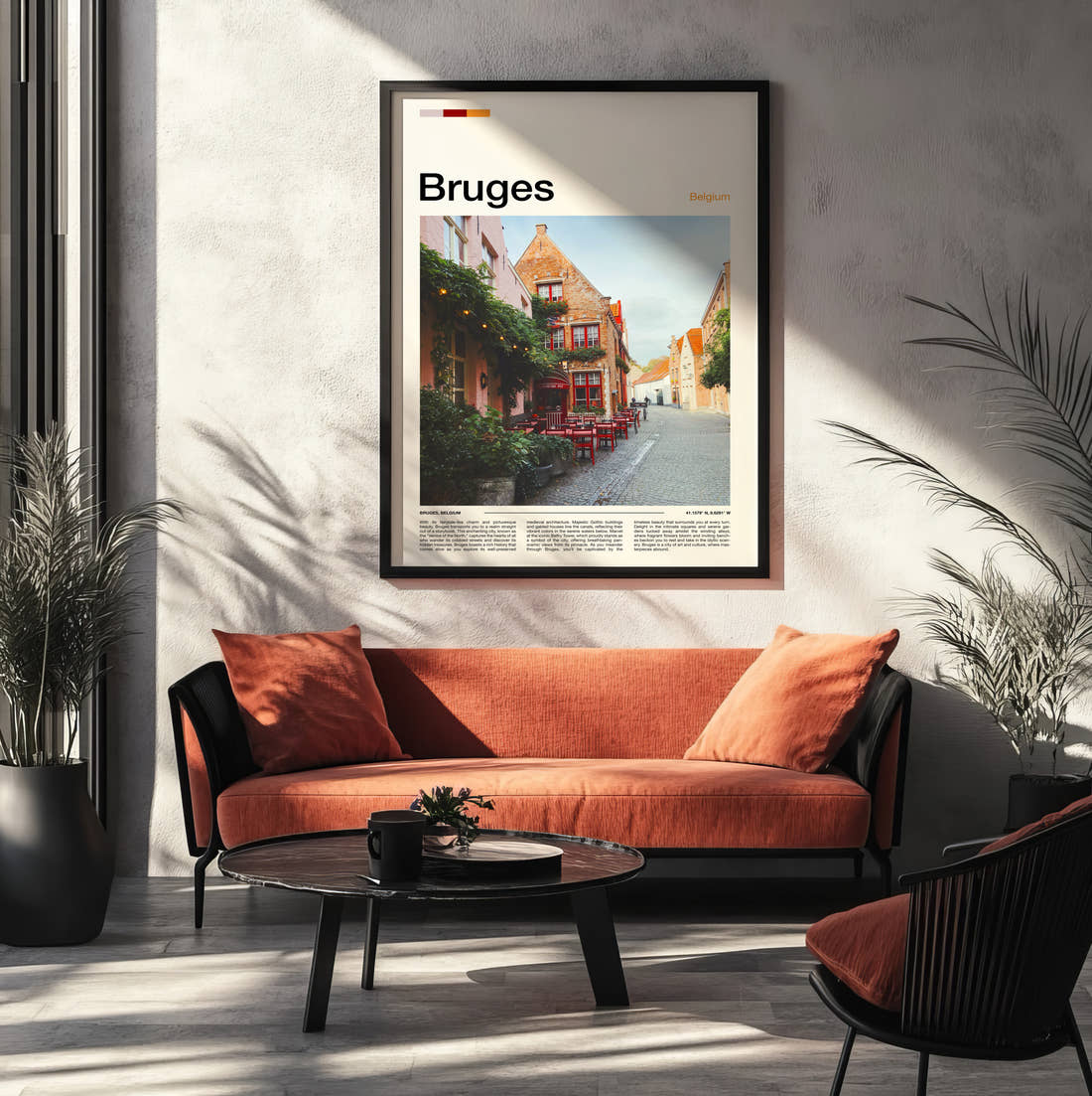 Bruges Cafe With Red Chairs Travel Print framed on the wall of a modern living room