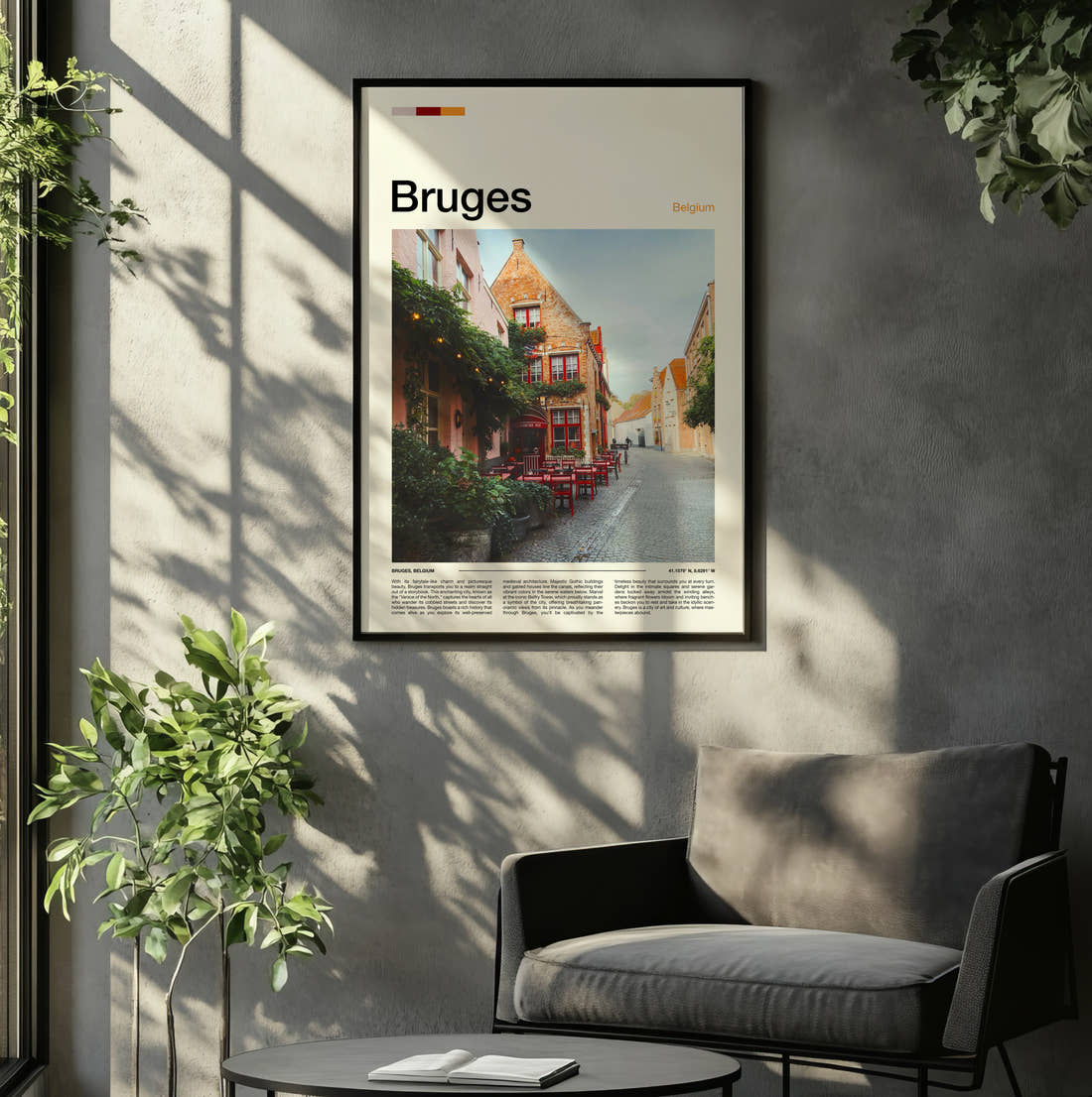 Bruges Cafe With Red Chairs Travel Print framed on the wall of a relaxed living room