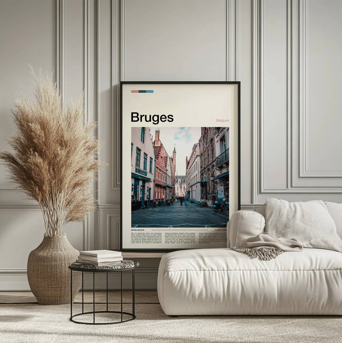 Bruges Cobbled Street Travel Print framed on the wall of a calm, neutral bedroom