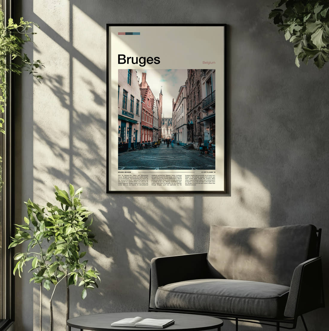 Bruges Cobbled Street Travel Print framed on the wall of a relaxed living room