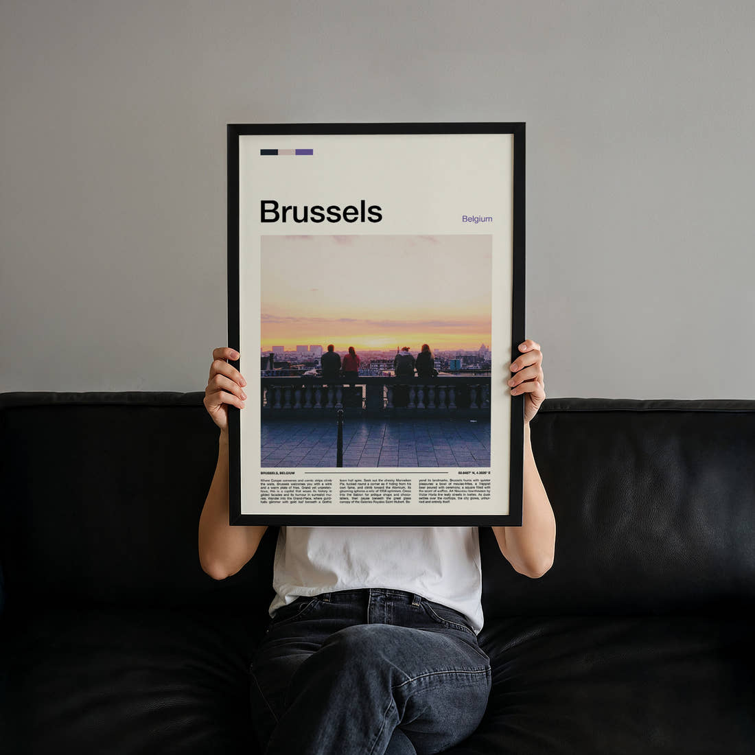 Brussels Sunset Rooftop View Travel Print held up by hand to show the size of the print