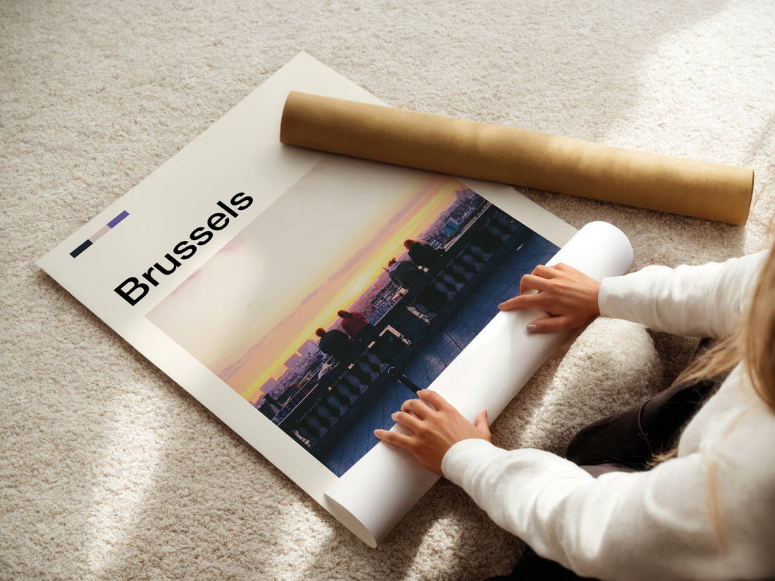 Brussels Sunset Rooftop View Travel Print being unrolled from its postal tube