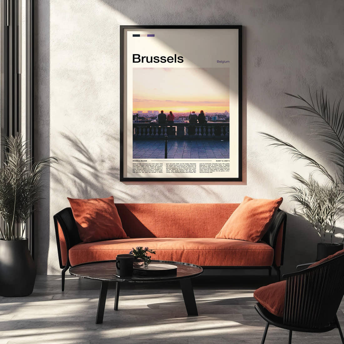 Brussels Sunset Rooftop View Travel Print framed on the wall of a modern living room
