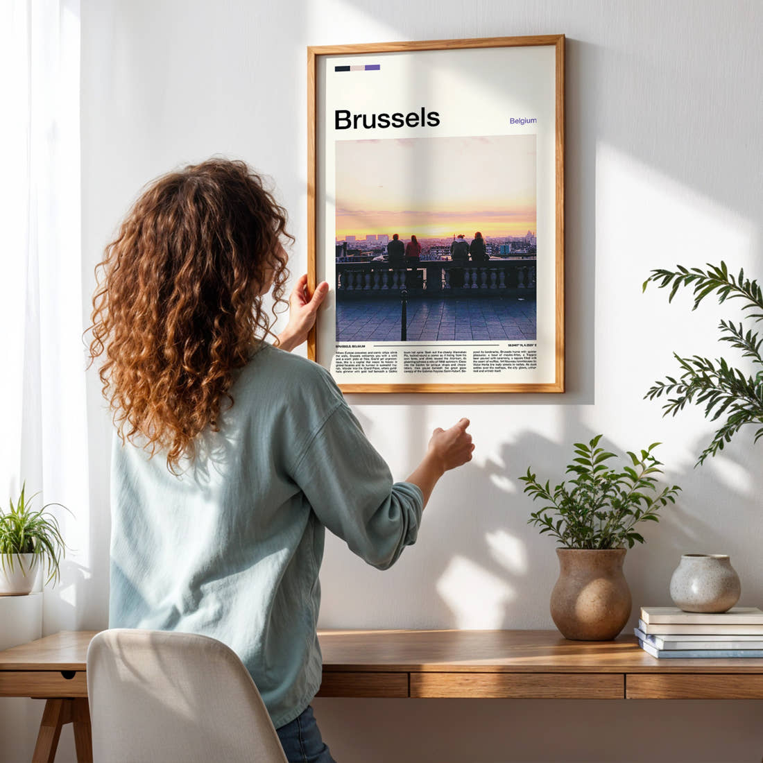 Brussels Sunset Rooftop View Travel Print framed on a pale wall beside houseplants