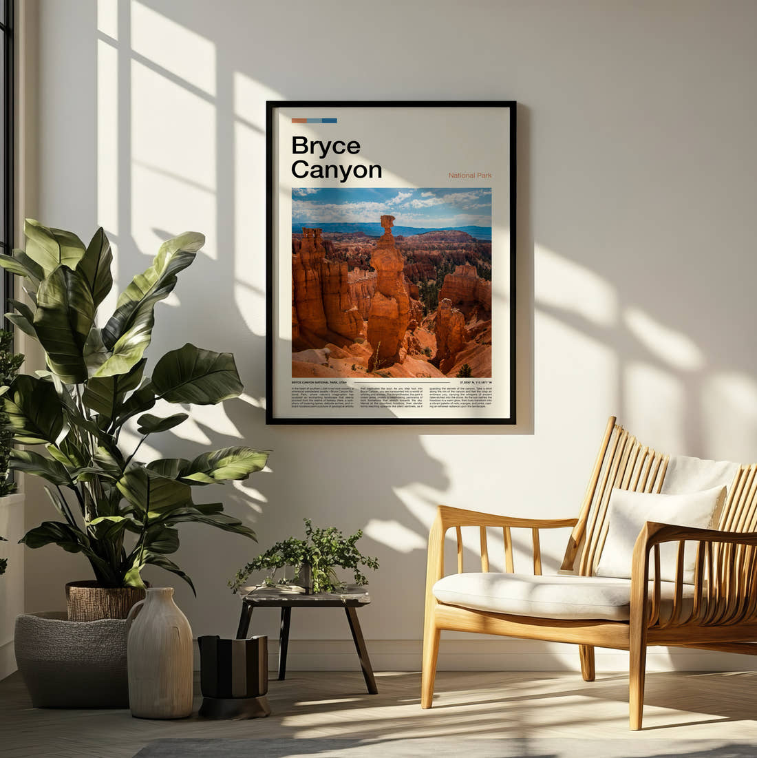 Bryce Canyon Thor's Hammer Travel Print framed on a pale wall beside houseplants