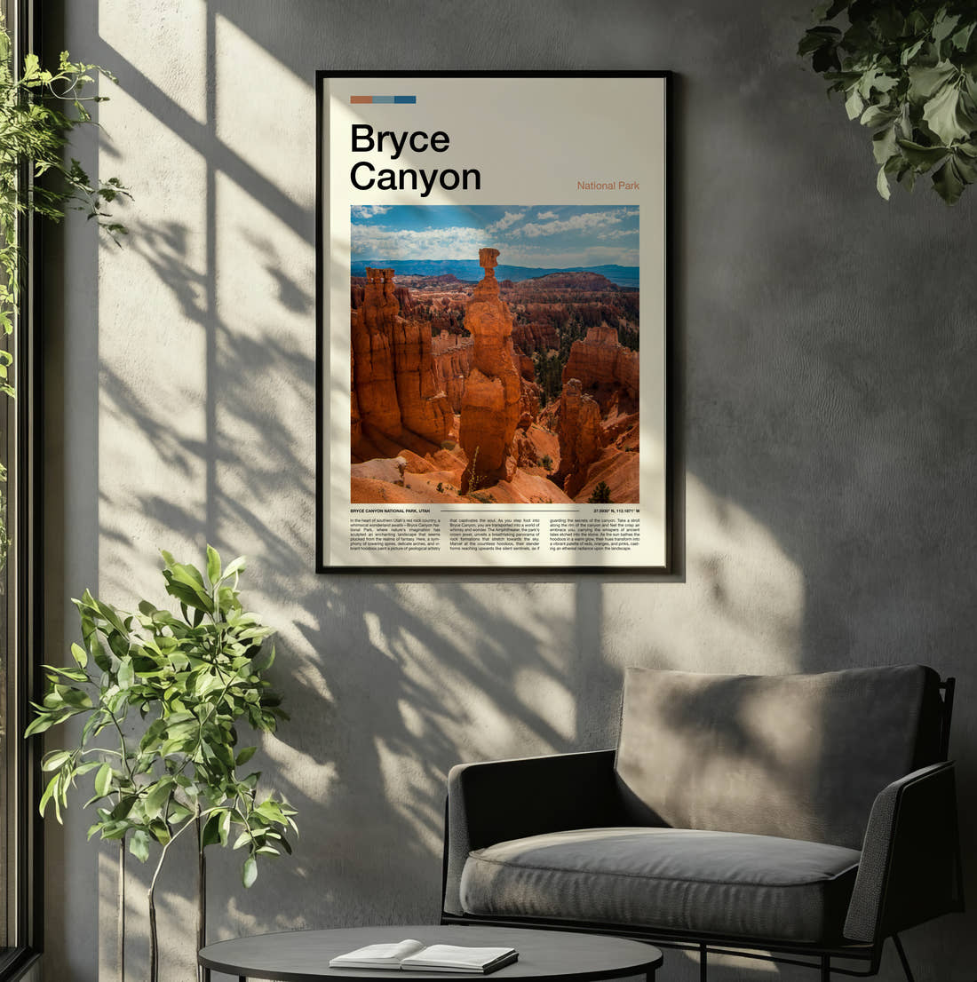 Bryce Canyon Thor's Hammer Travel Print framed on the wall of a relaxed living room