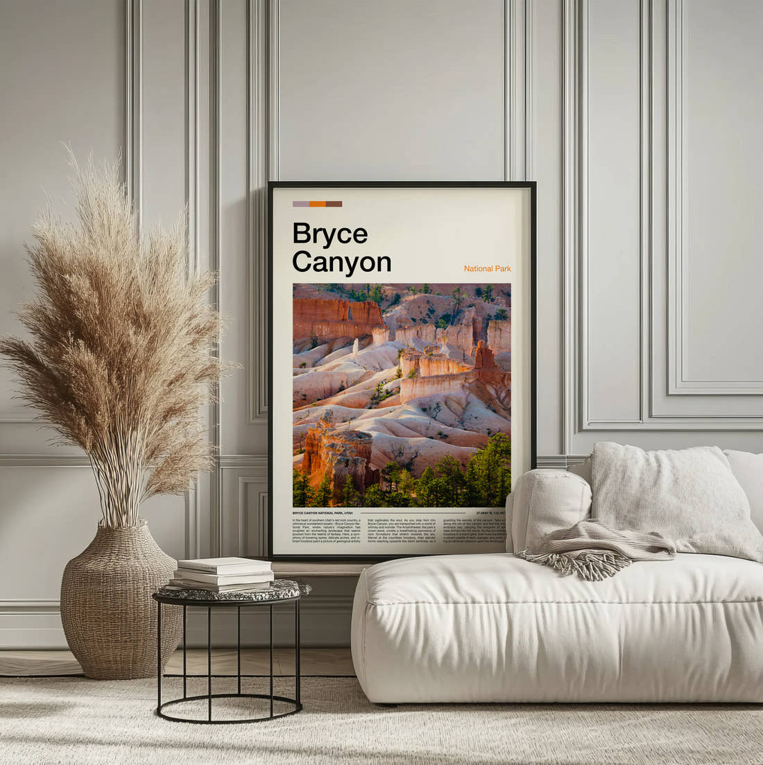 Bryce Canyon Canyon Rock Formations Travel Print framed on the wall of a calm, neutral bedroom
