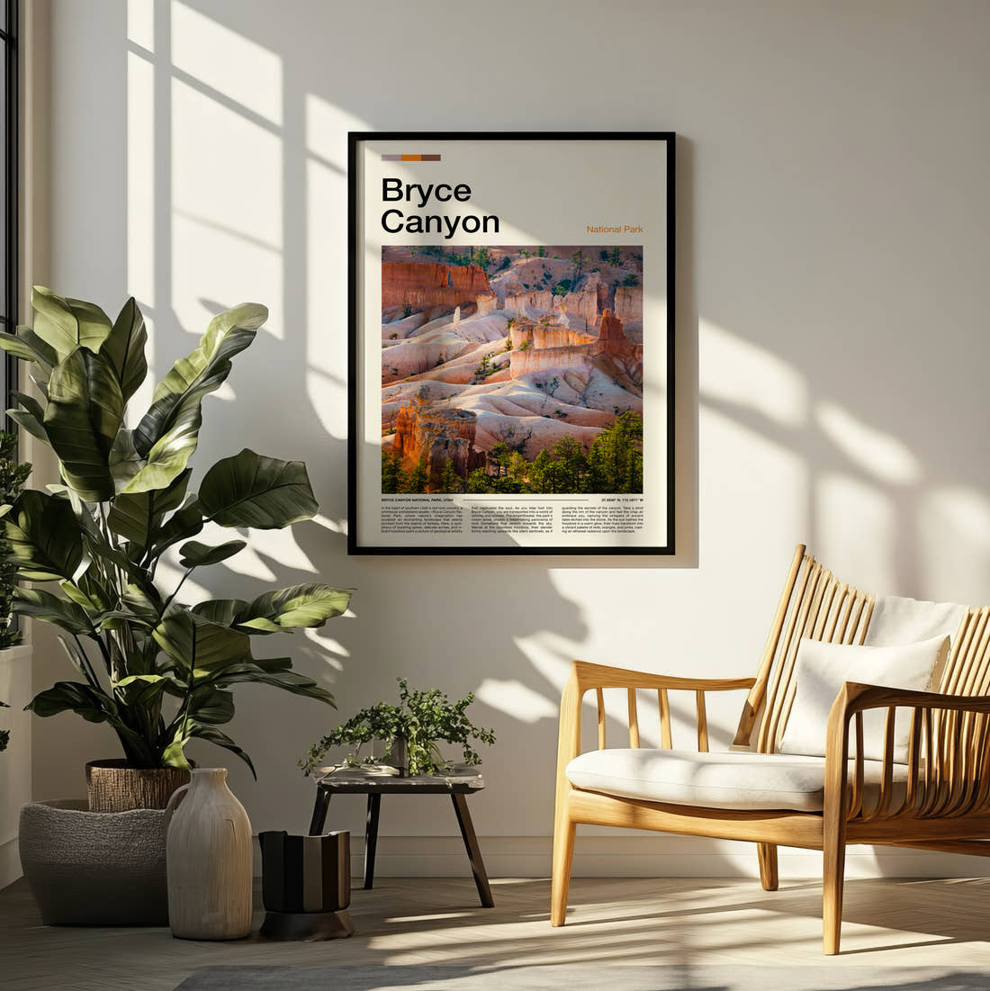 Bryce Canyon Canyon Rock Formations Travel Print framed on a pale wall beside houseplants