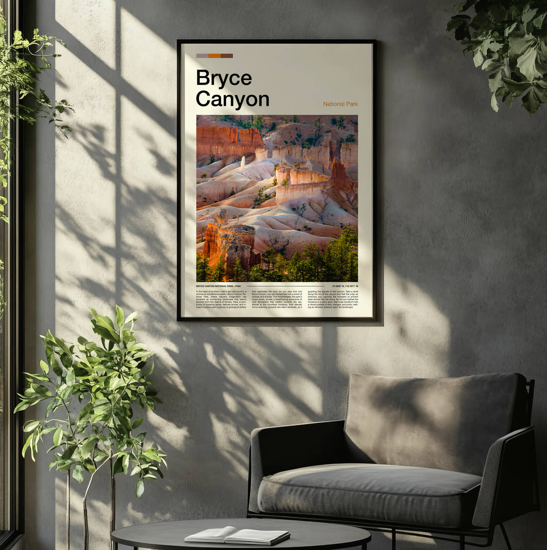Bryce Canyon Canyon Rock Formations Travel Print framed on the wall of a relaxed living room