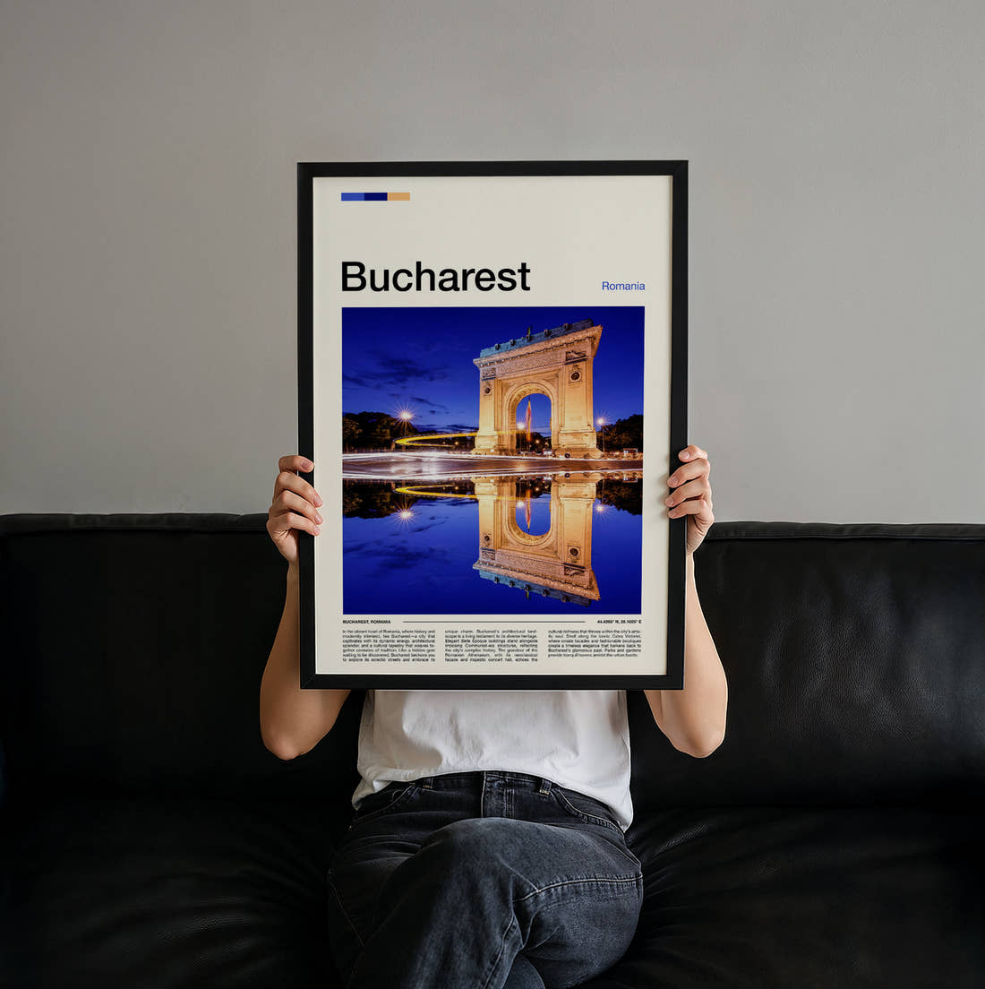 Bucharest Arch Of Triumph Travel Print held up by hand to show the size of the print