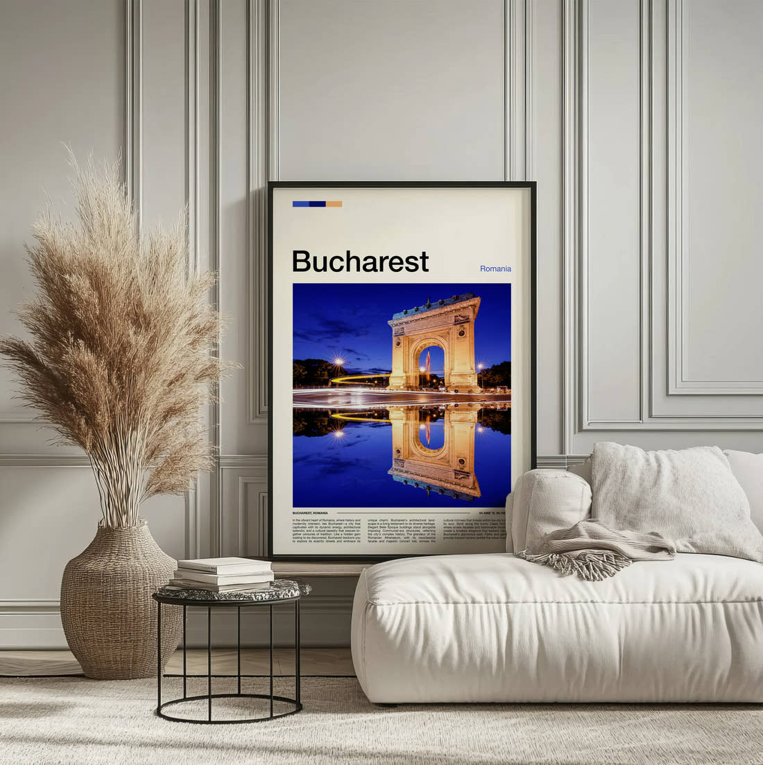 Bucharest Arch Of Triumph Travel Print framed on the wall of a calm, neutral bedroom